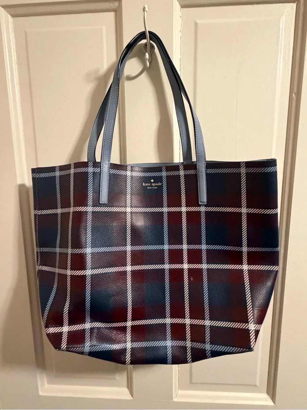 kate spade Plaid Leather Tote - Navy & Burgundy with Light Blue Handles